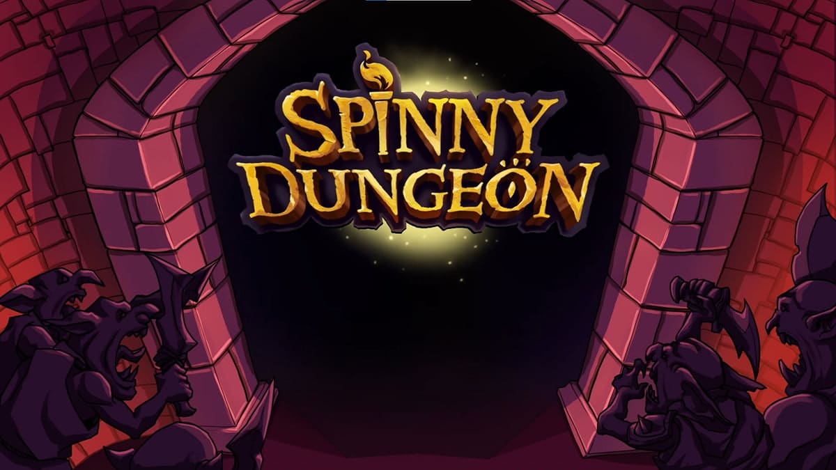 Spinny Dungeon logo inside a dungeon arch with demonic figures