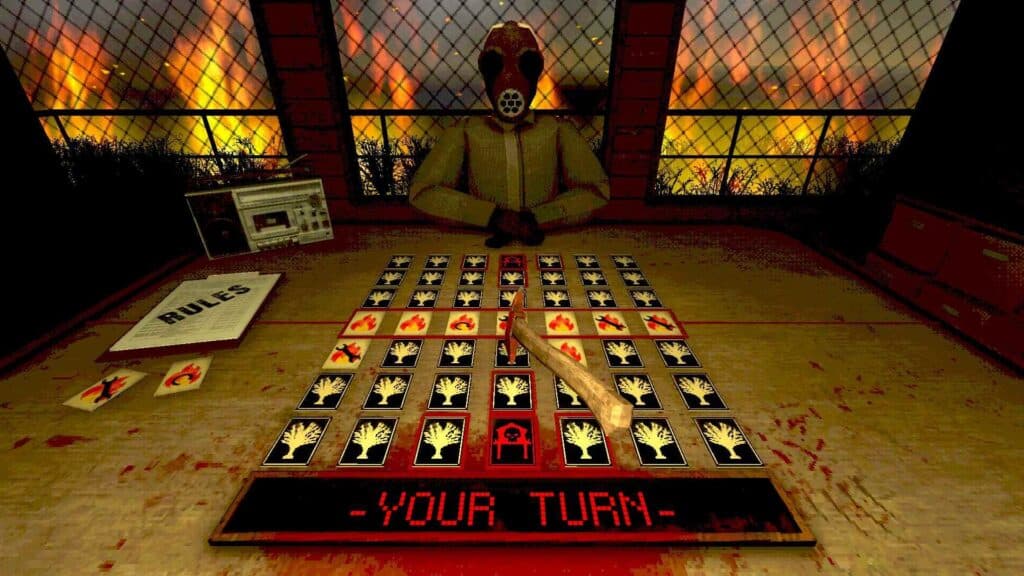 The Host faces the player across a card table in Arsonate, with Acre cards laid out as fire spreads across the grid toward both tower cards during a high-stakes turn.