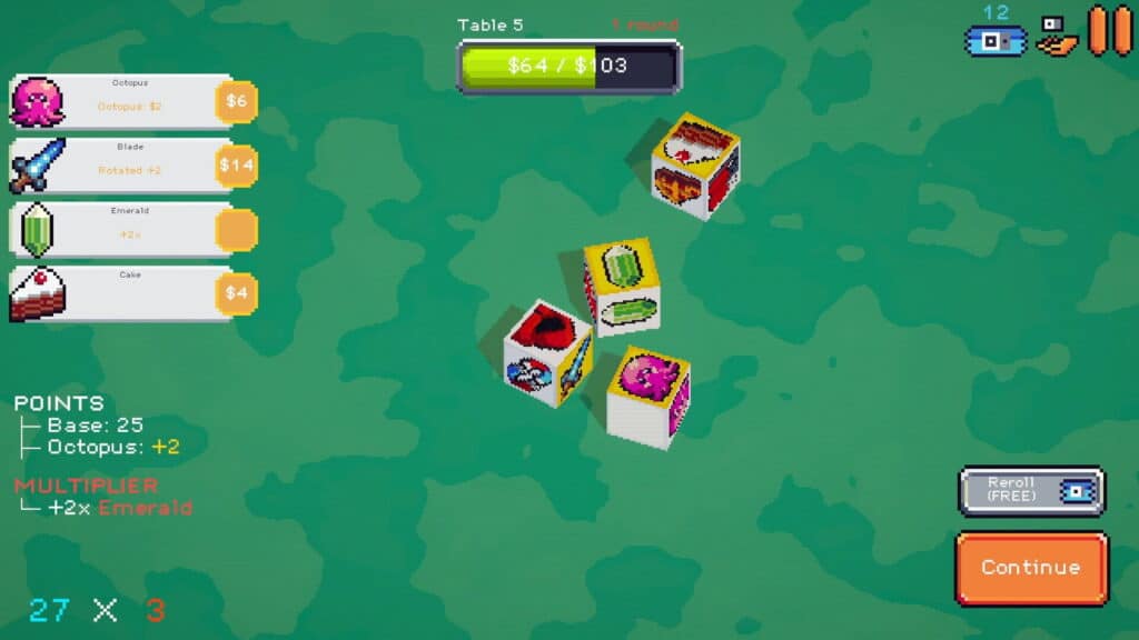 Payroll gameplay showing dice with symbol faces and score multipliers