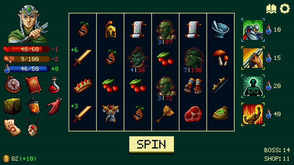 Spinny Dungeon slot reels with weapons, food, enemies, and character stats