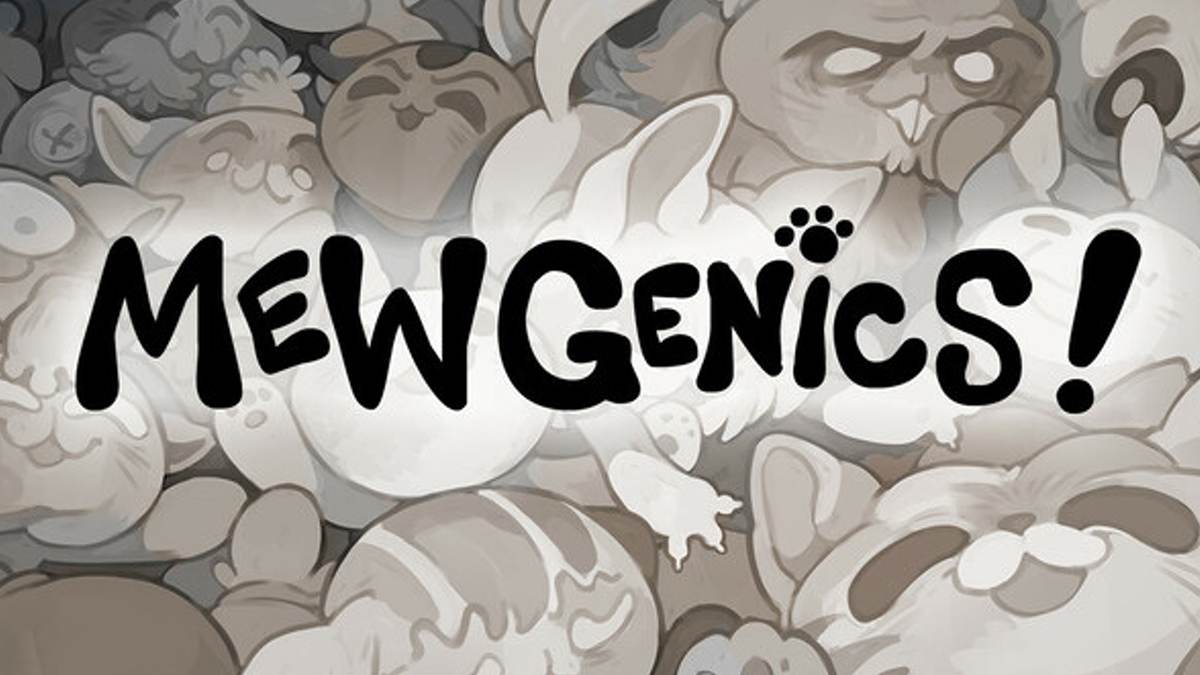 The Mewgenics title screen artwork, featuring the game’s hand-drawn cartoon art style with stylized cat illustrations in the background, representing the tone and personality of Ed McMillen and Tyler Glaiel’s long-awaited strategy game.