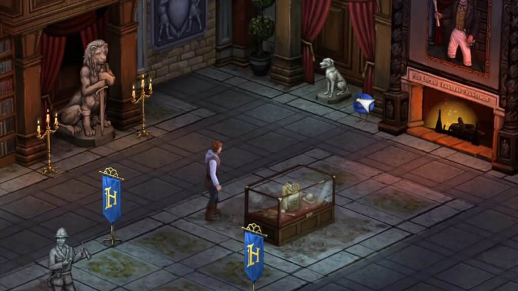 Character exploring a castle hall with statues and display case in Hero-U Rogue to Redemption
