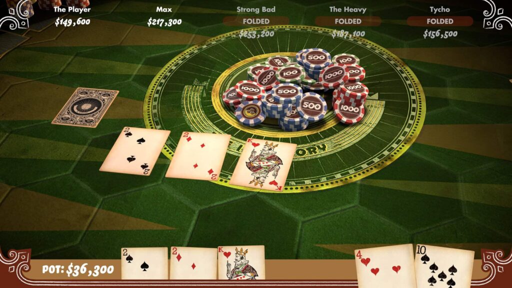 Community cards and chip stack during a hand in Poker Night at the Inventory