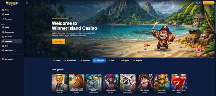 The Winner Island Casino start page with the menu to the left and a big banner of an exotic island and a pirate monkey.